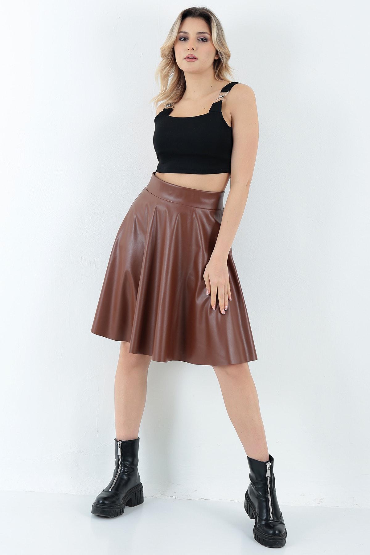 Kadın Taba Kloş Suni Deri Etek Faux Leather