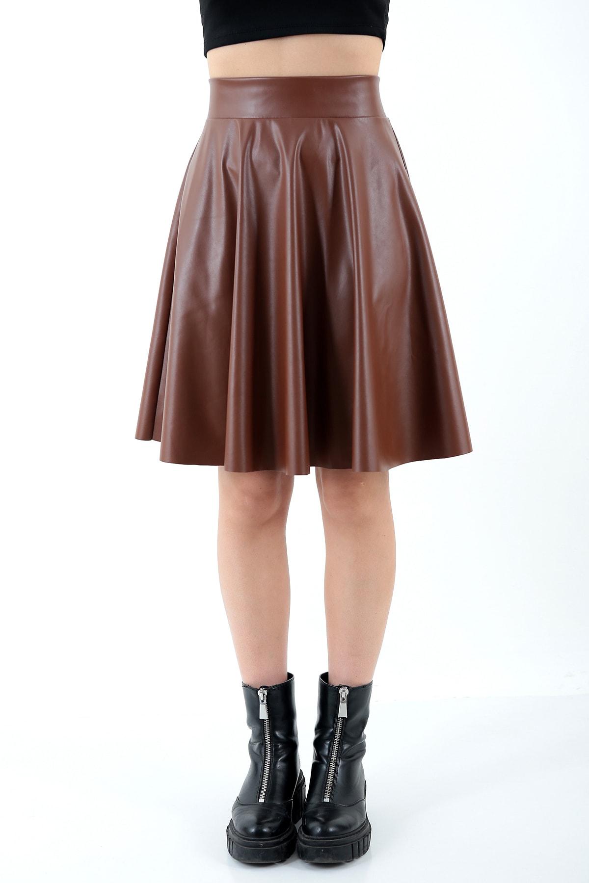 Kadın Taba Kloş Suni Deri Etek Faux Leather
