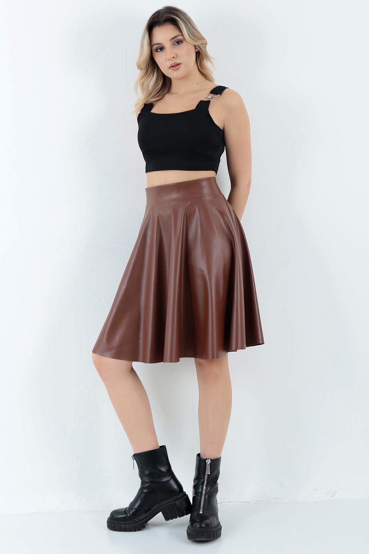 Kadın Taba Kloş Suni Deri Etek Faux Leather