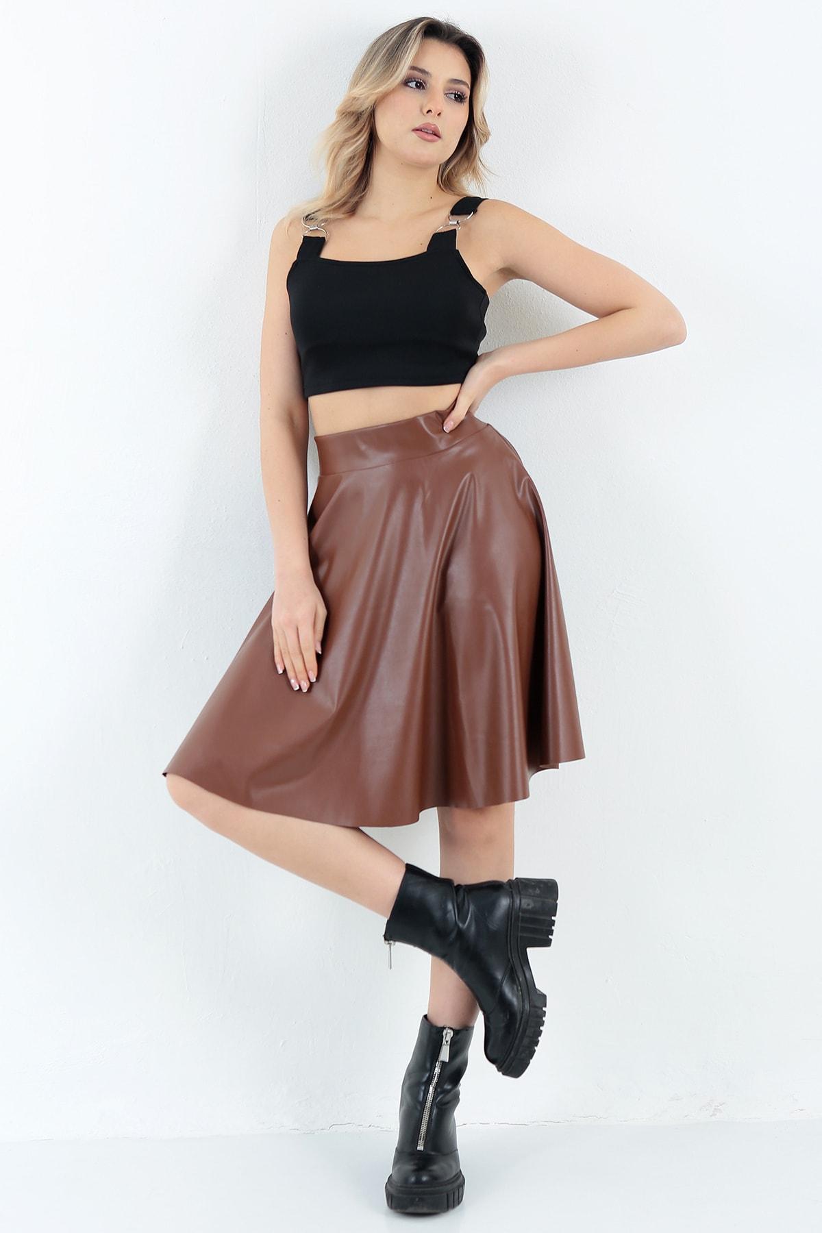 Kadın Taba Kloş Suni Deri Etek Faux Leather