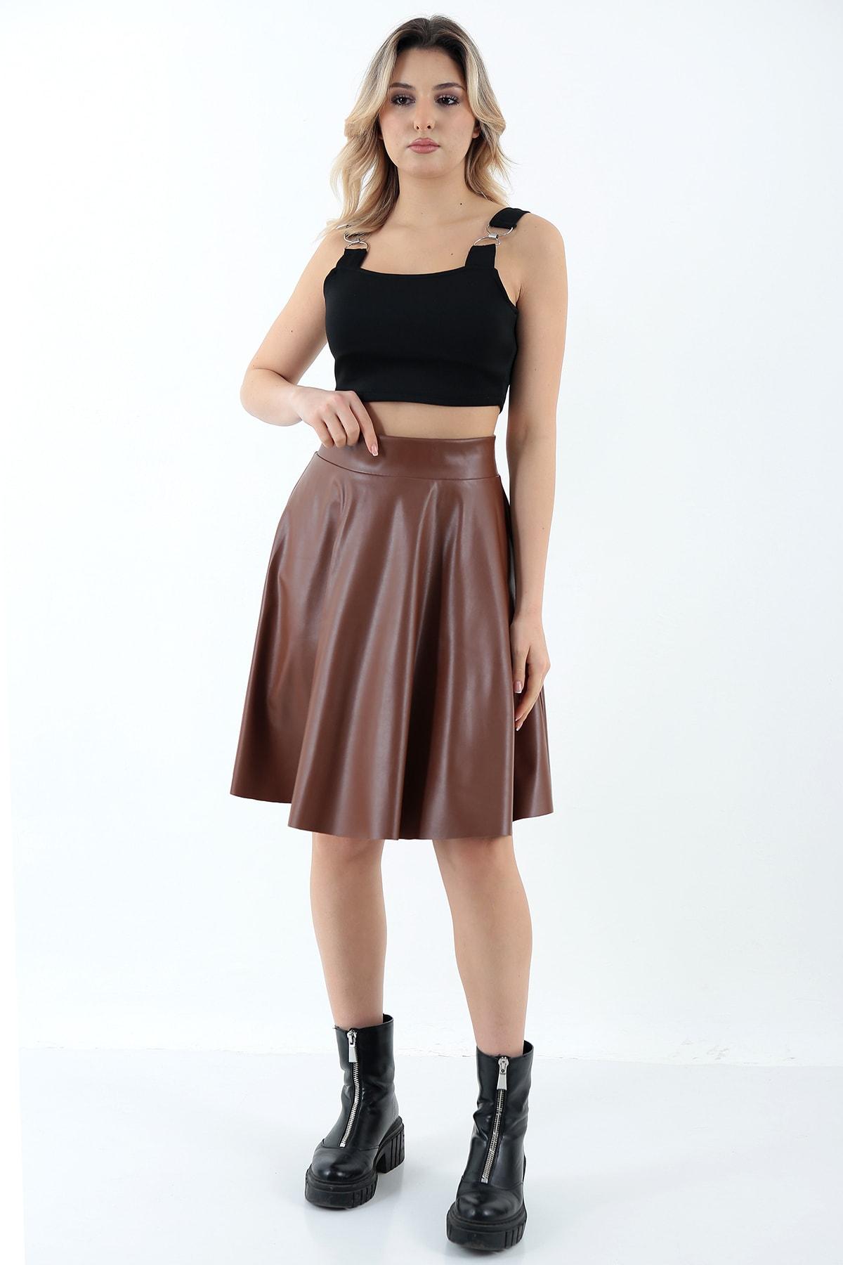 Kadın Taba Kloş Suni Deri Etek Faux Leather