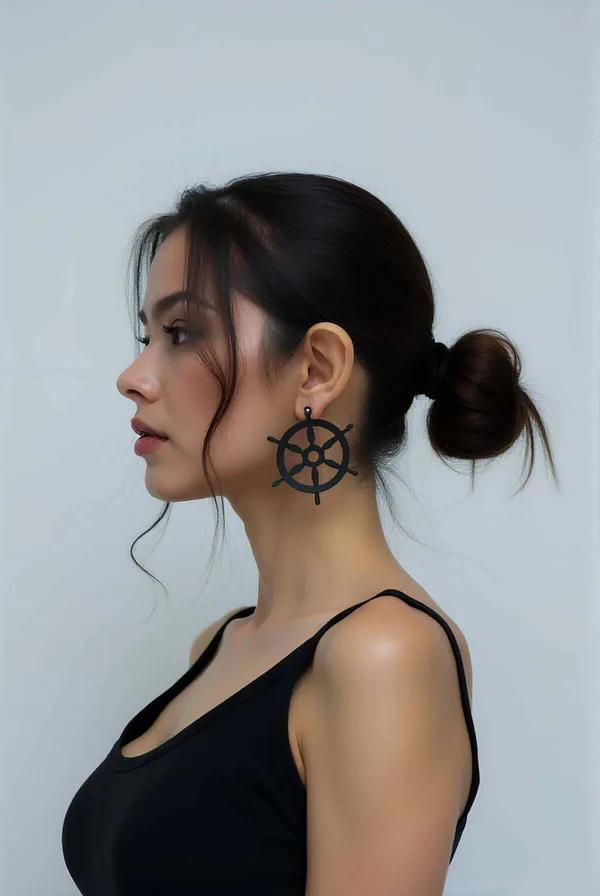 Rudder Wheel Drop Earrings in Matte Black Finish