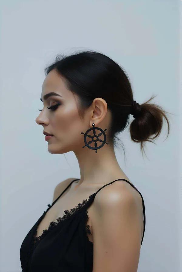 Rudder Wheel Drop Earrings in Matte Black Finish