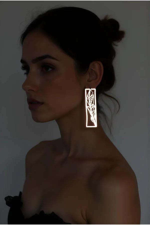 Reflective Feather Drop Earrings, Laser Cut Rectangle