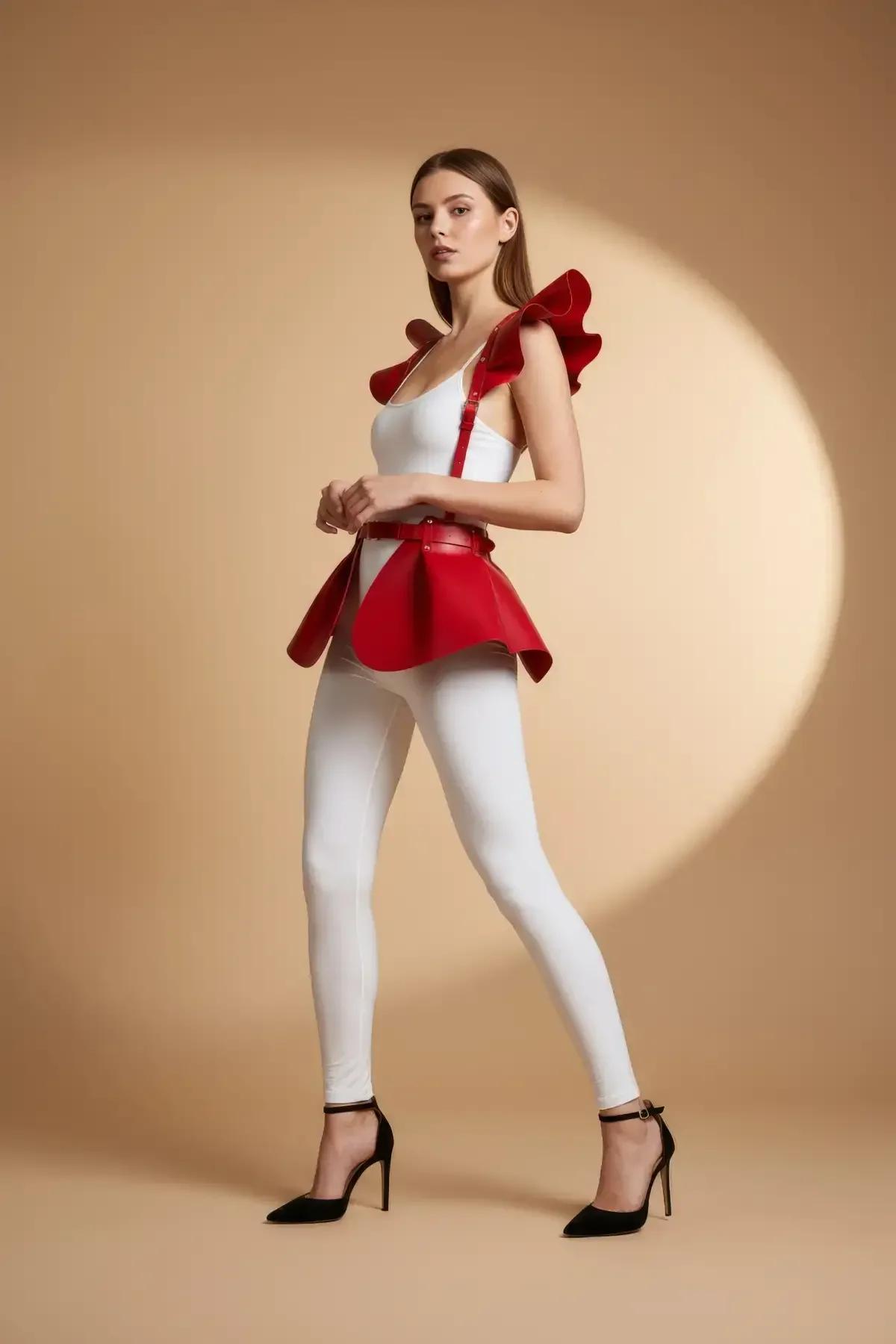 Ruffle Shoulder Peplum Harness Skirt Red Faux Leather