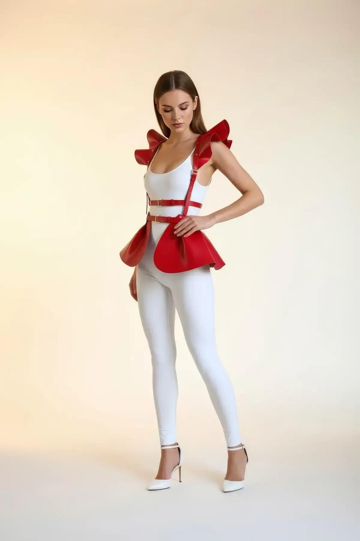 Ruffle Shoulder Peplum Harness Skirt Red Faux Leather