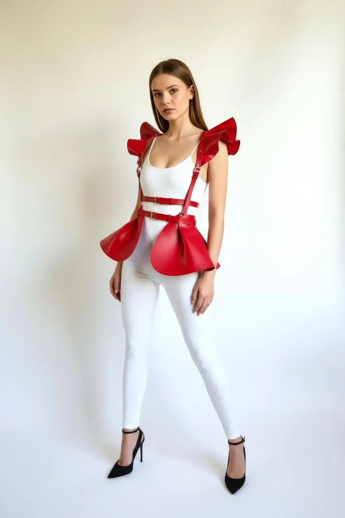 Ruffle Shoulder Peplum Harness Skirt Red Faux Leather