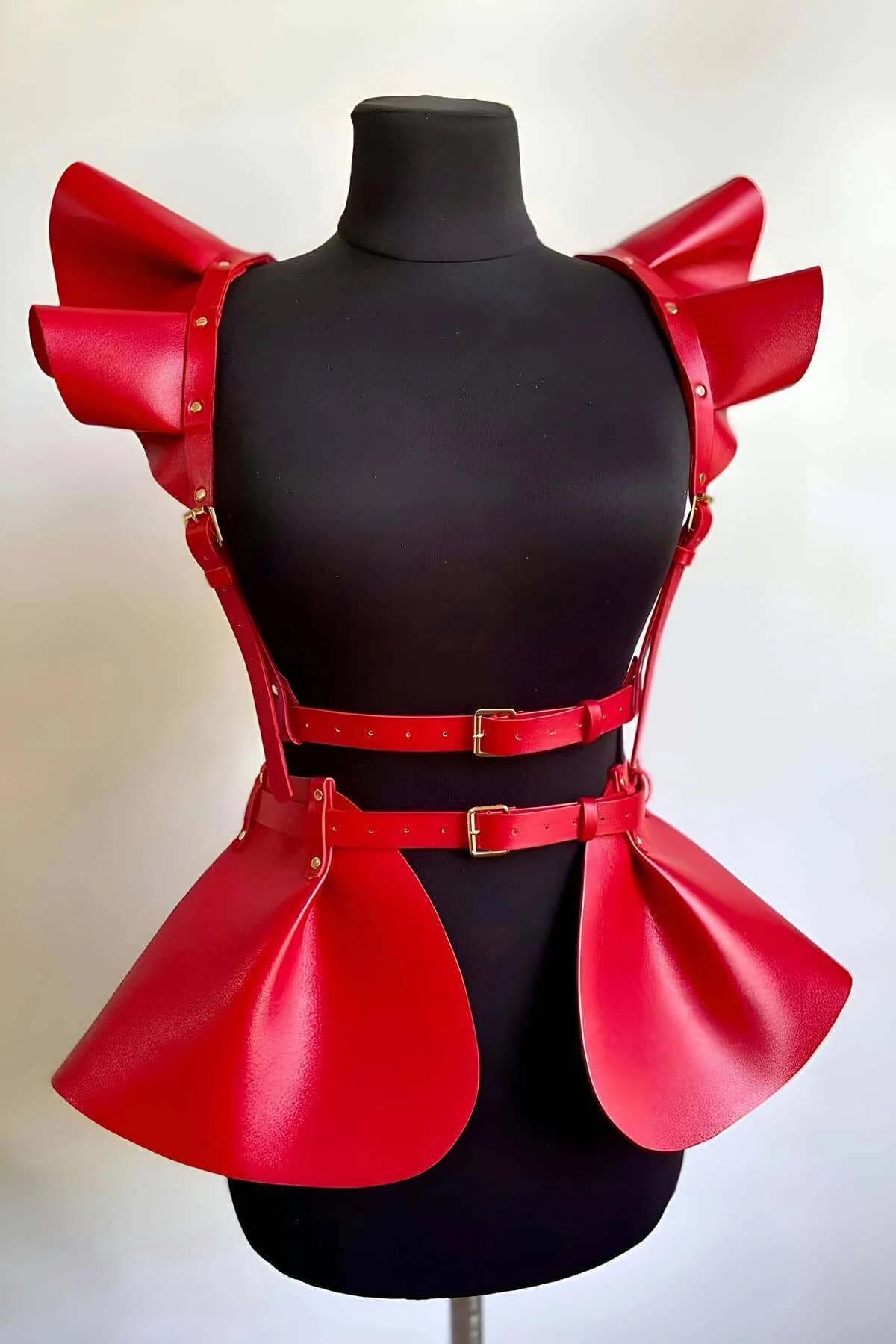 Red Ruffled Shoulder Peplum Faux Leather Harness