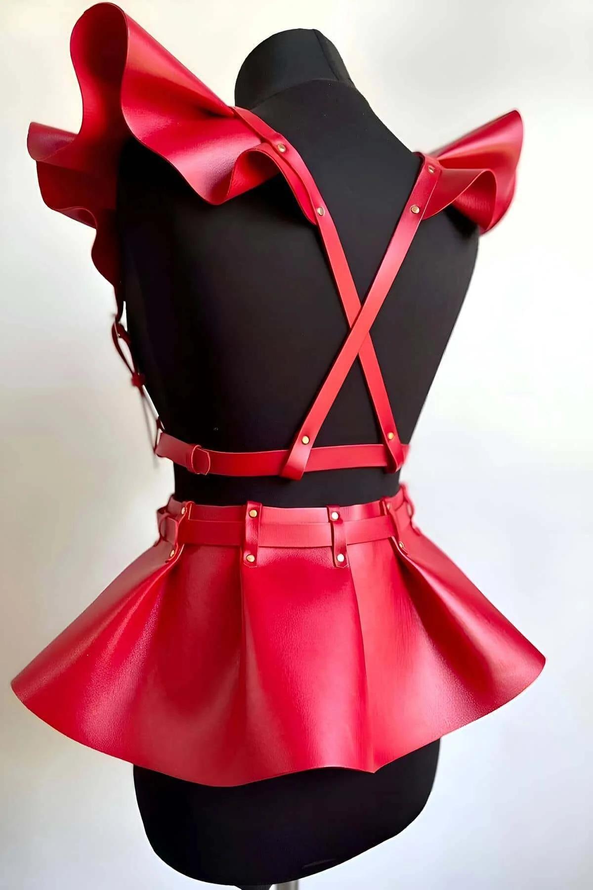 Red Ruffled Shoulder Peplum Faux Leather Harness