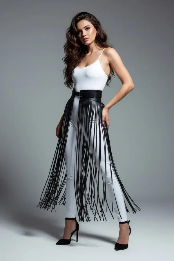 Long Fringe Waist Belt with Faux Leather Tassels