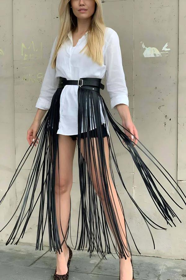 Fringe Waist Belt Skirt Overlay with Adjustable Buckle