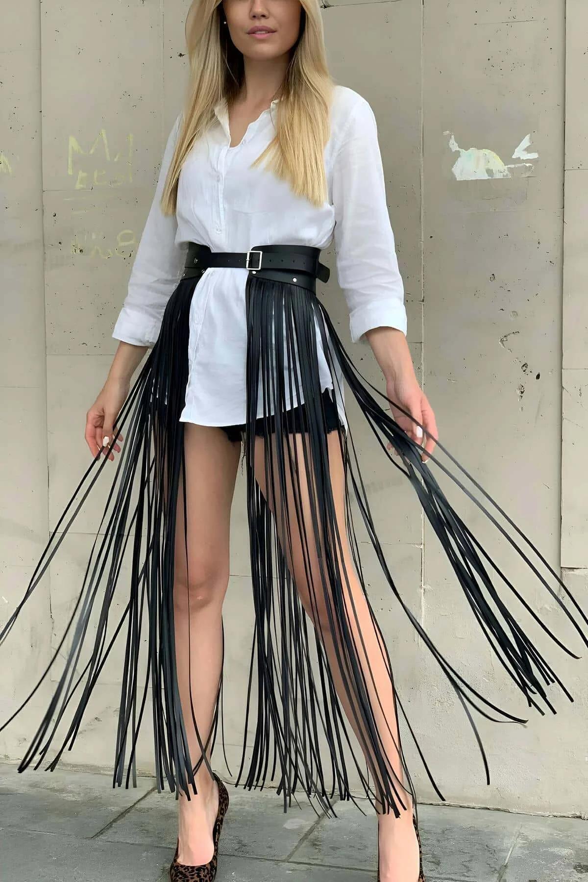 Fringe Waist Belt Skirt Overlay with Adjustable Buckle