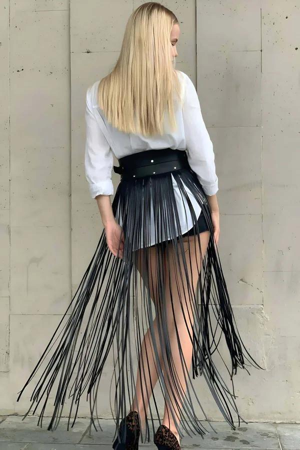 Fringe Waist Belt Skirt Overlay with Adjustable Buckle