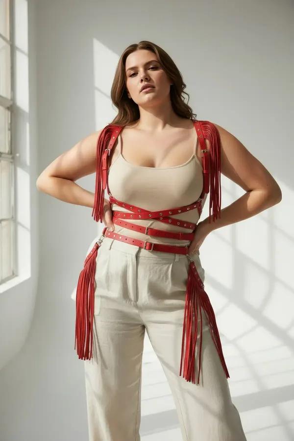 Red Fringed Faux Leather Body Harness with Caged Waist