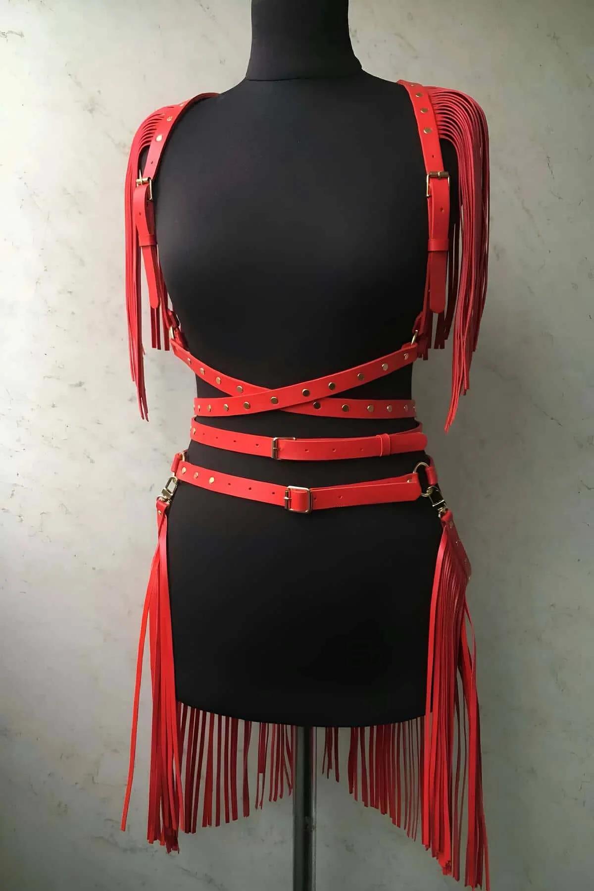 Red Fringe Faux Leather Harness Skirt & Shoulder Set