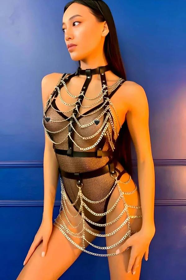 Chained Faux Leather Body Harness Top & Skirt Set