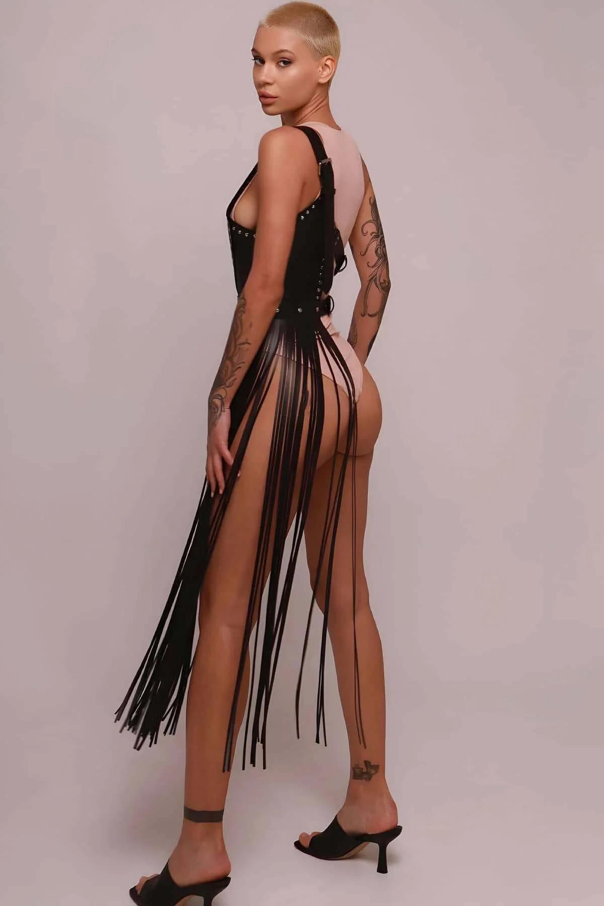 Asymmetrical Fringe Harness Skirt with Stud Details
