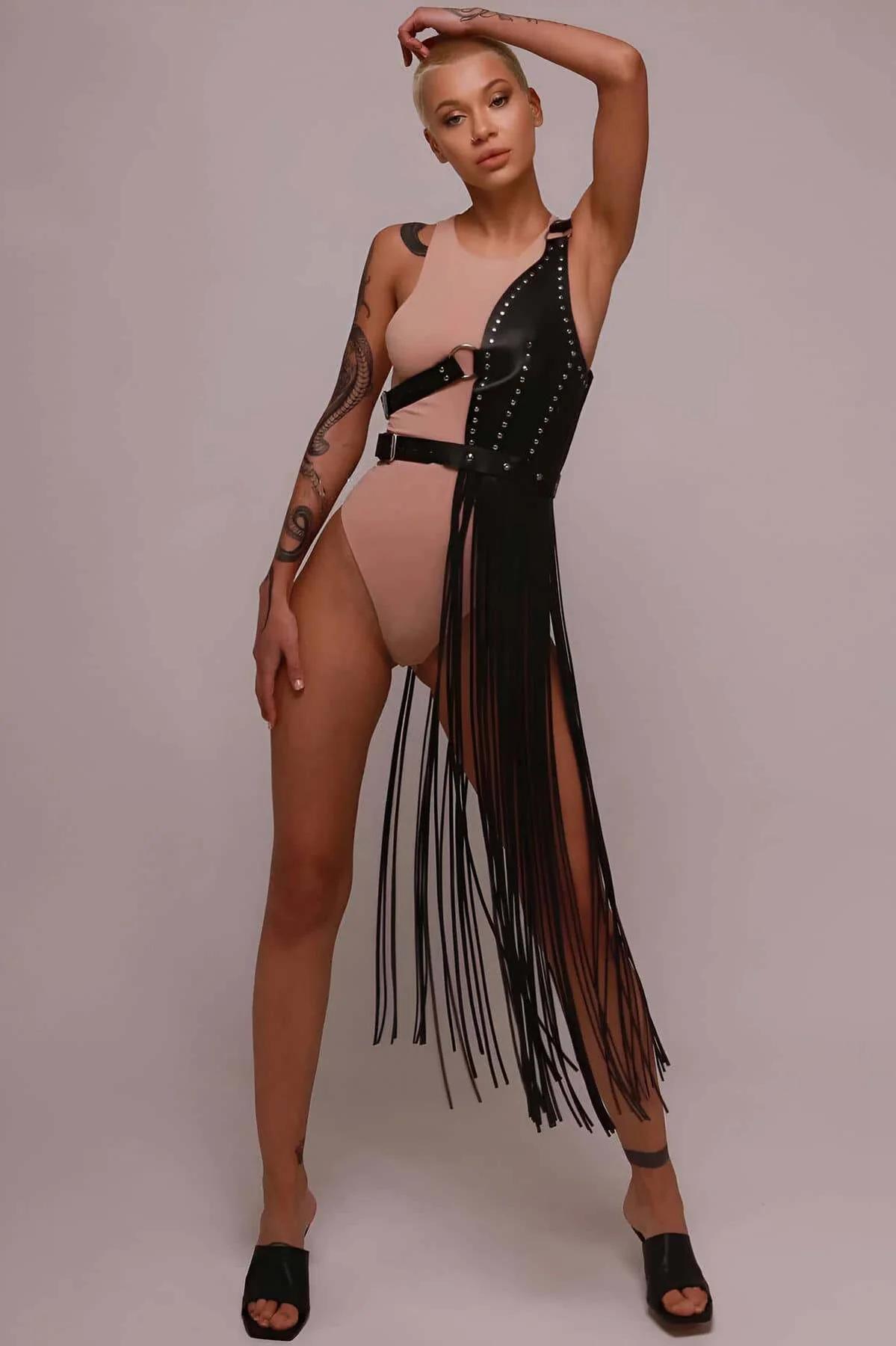 Asymmetrical Fringe Harness Skirt with Stud Details