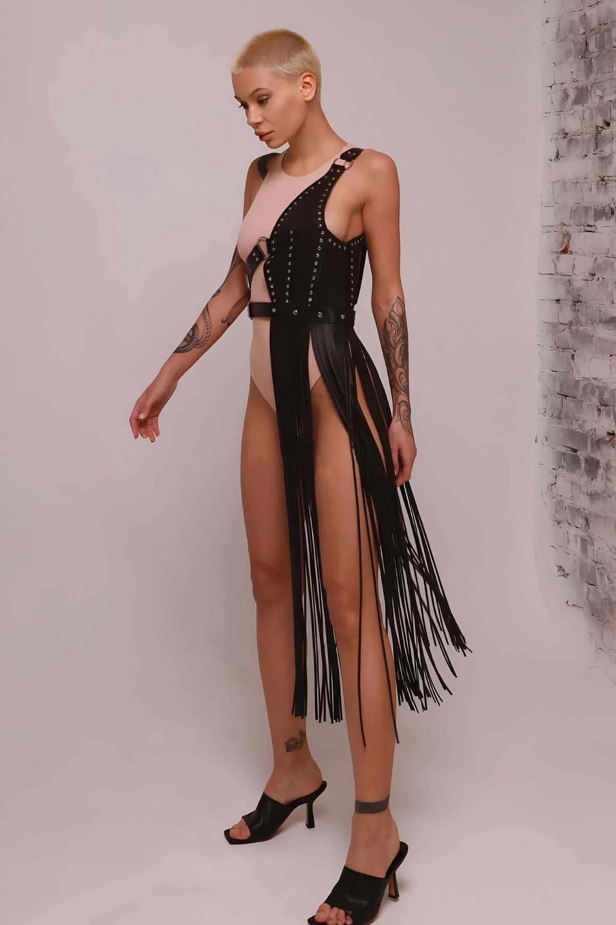 Asymmetrical Fringe Harness Skirt with Stud Details