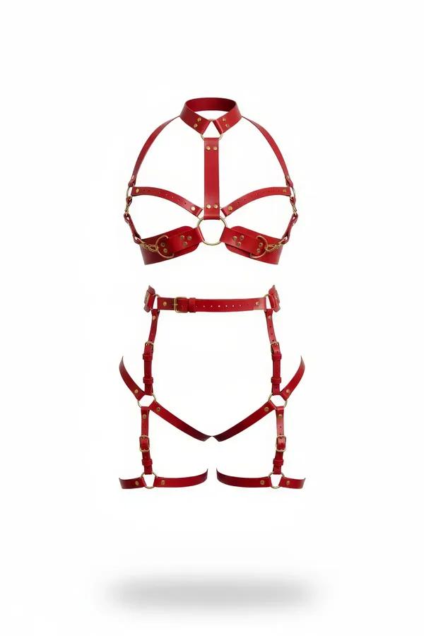 Red Faux Leather Body Harness Set with Gold Hardware