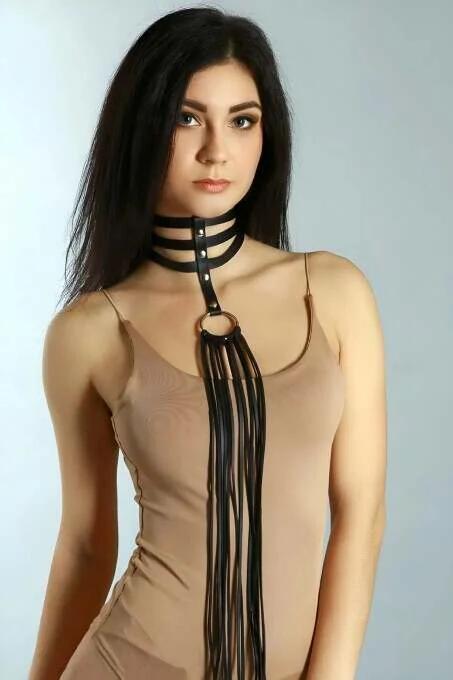 Black Faux Leather Choker Front View Adjustable Buckle Detail with Detachable Tassel Chain