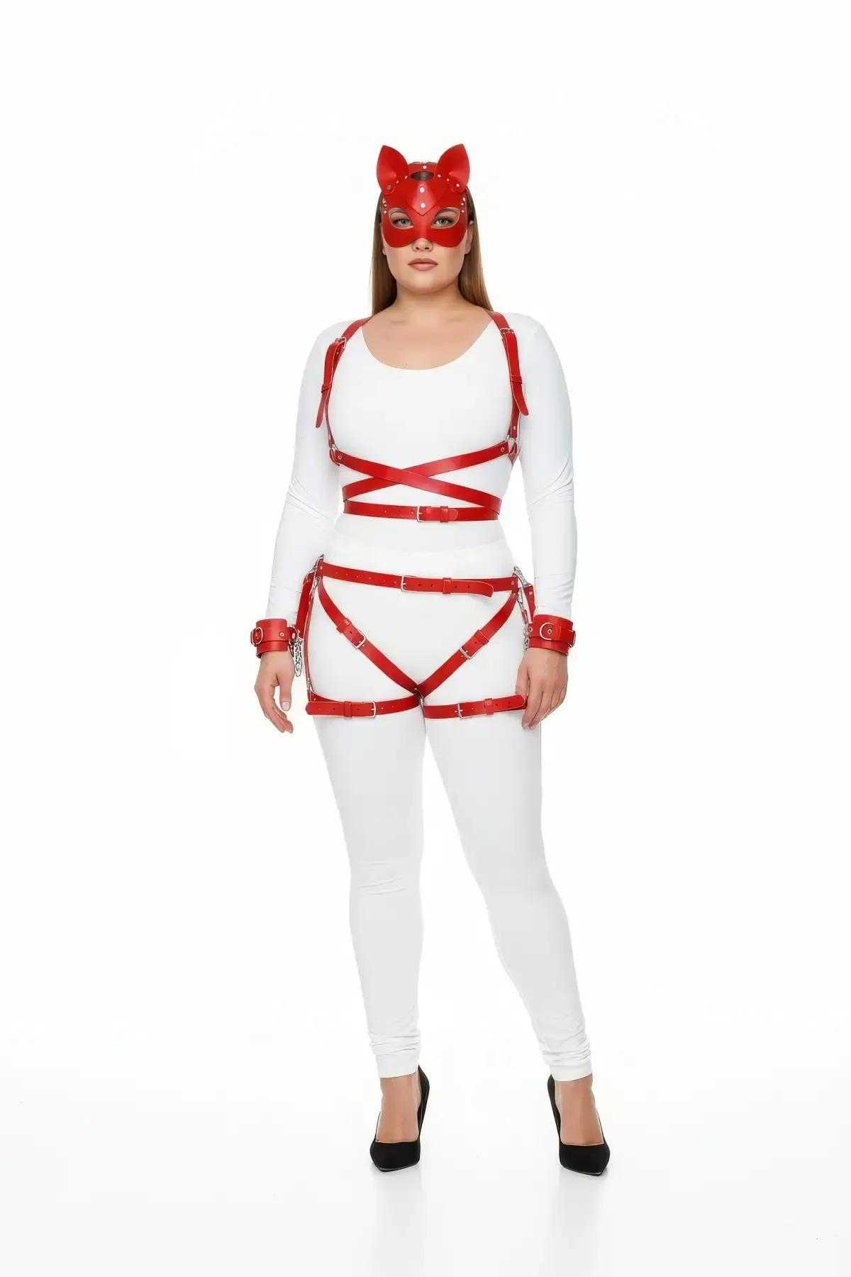 Red Faux Leather Full Body Strap Harness Set