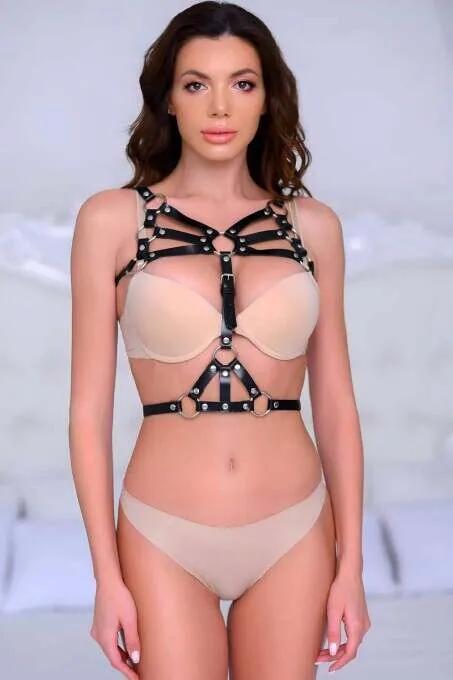 Black Faux Leather Body Harness with O-Rings