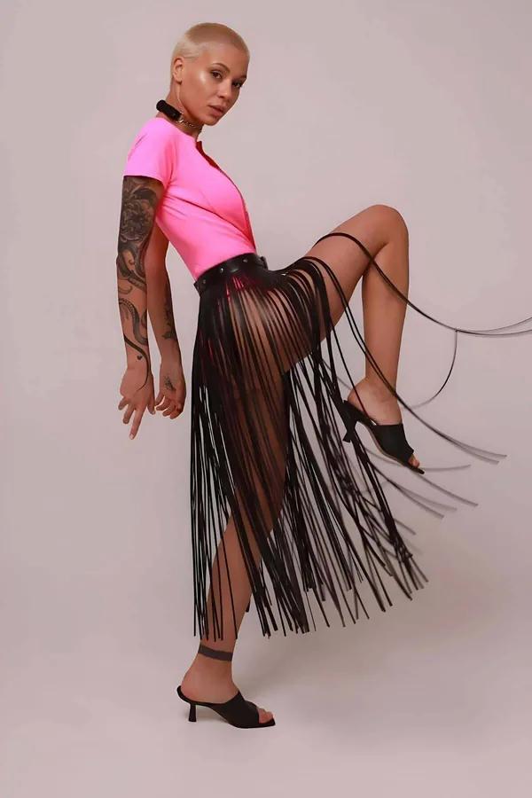 Long Fringe Overlay Skirt with Adjustable Waist Belt