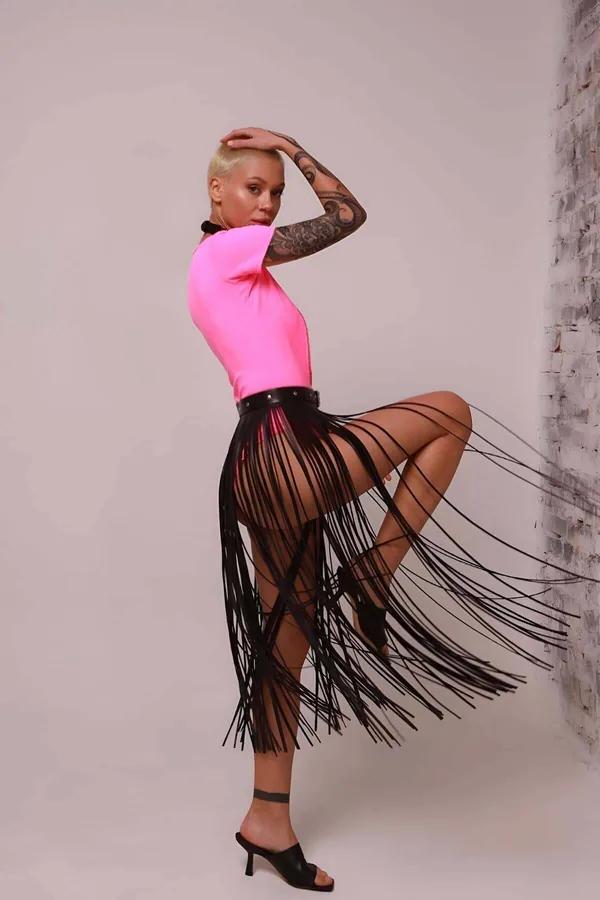 Long Fringe Overlay Skirt with Adjustable Waist Belt
