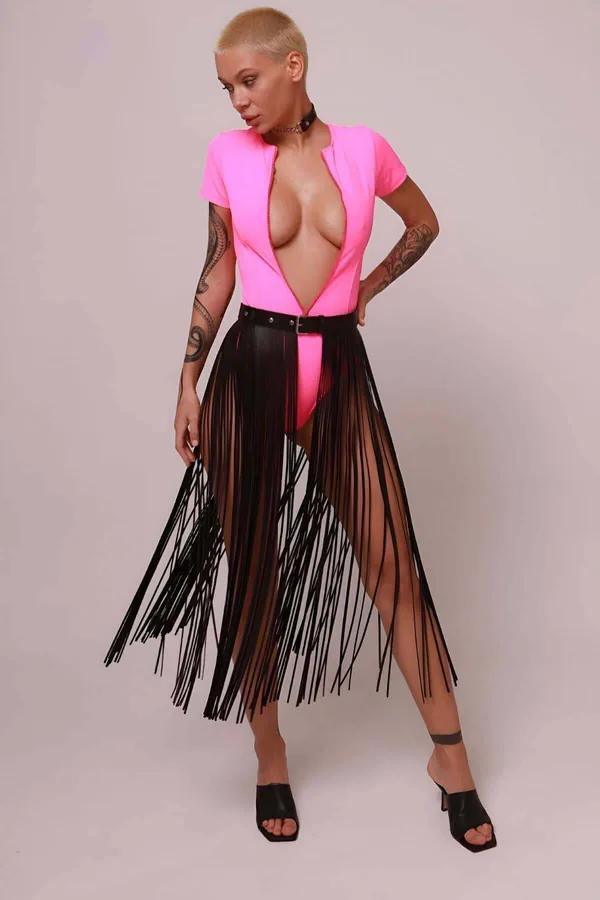 Long Fringe Overlay Skirt with Adjustable Waist Belt