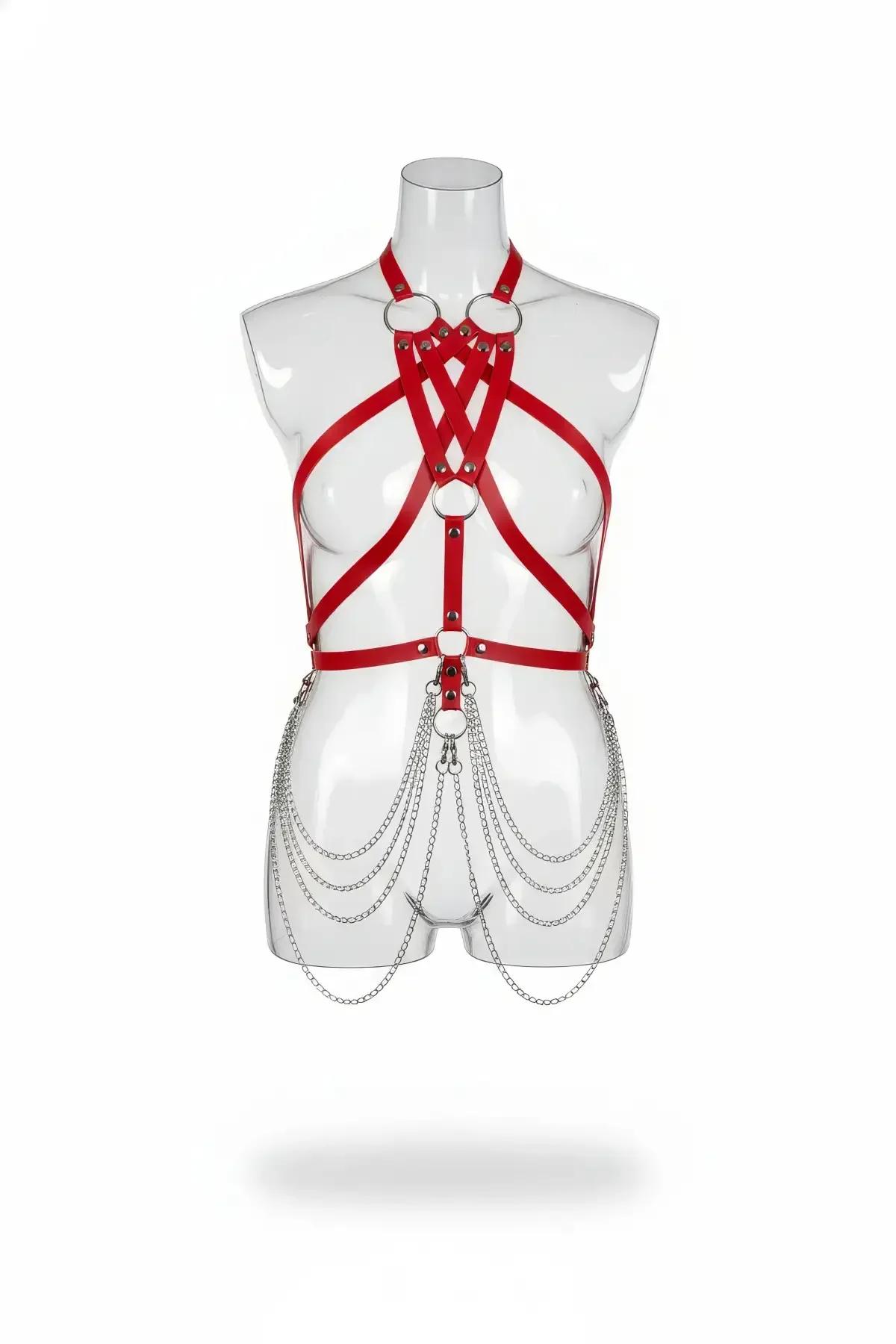 Interwoven Faux Leather Body Harness with Draped Hip Chains