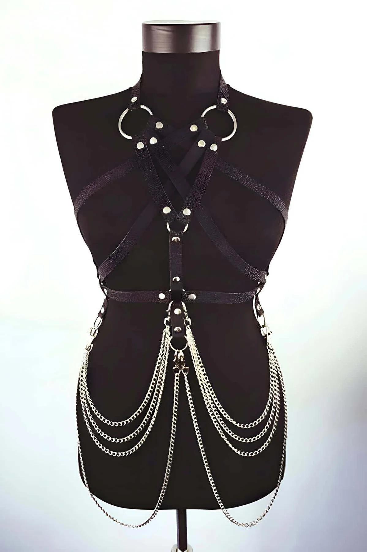 Faux Leather Full Body Harness with Multi-Chain Skirt