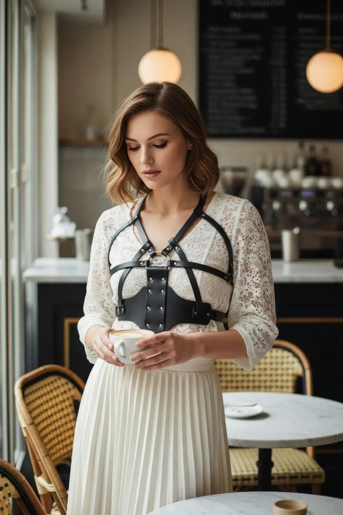 Structured Chest Harness with Studded Faux Leather Panel