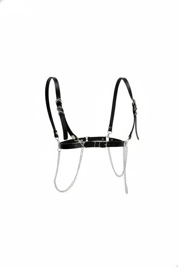 Black Faux Leather Chest Harness with Draping Chains