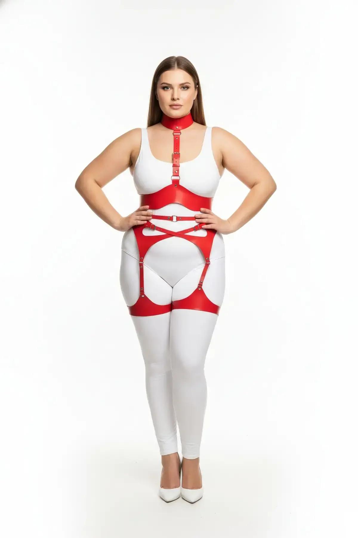 Red Faux Leather Full Body Harness Women Adjustable Straps Neck Garter