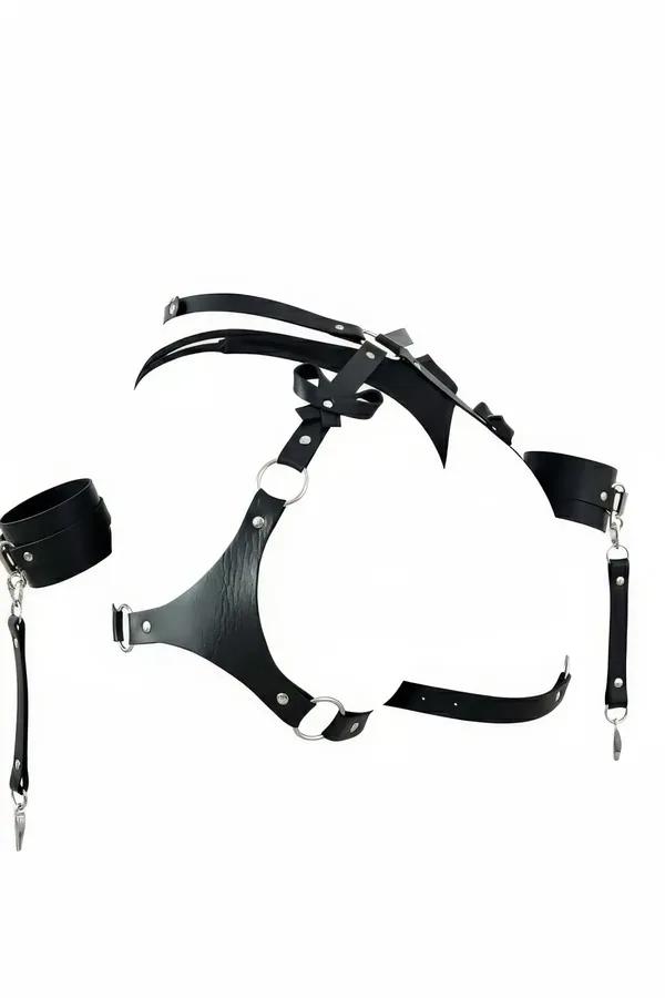 Body Harness Set with Faux Leather Bows & Wrist Cuffs