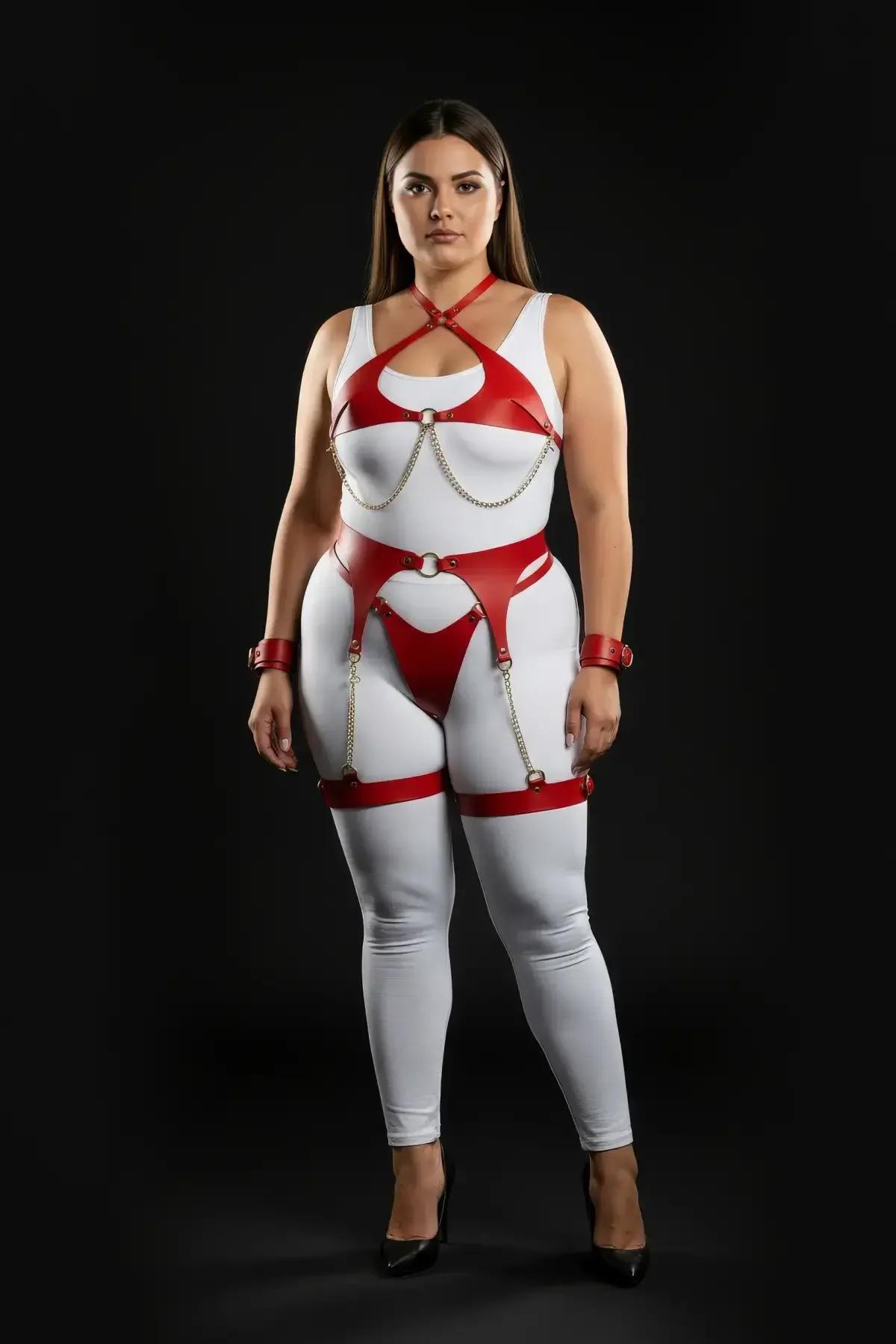 Red Faux Leather Harness Set with Chains & Garter Straps