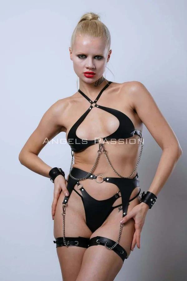 Strappy Faux Leather Harness Set with Chain Details