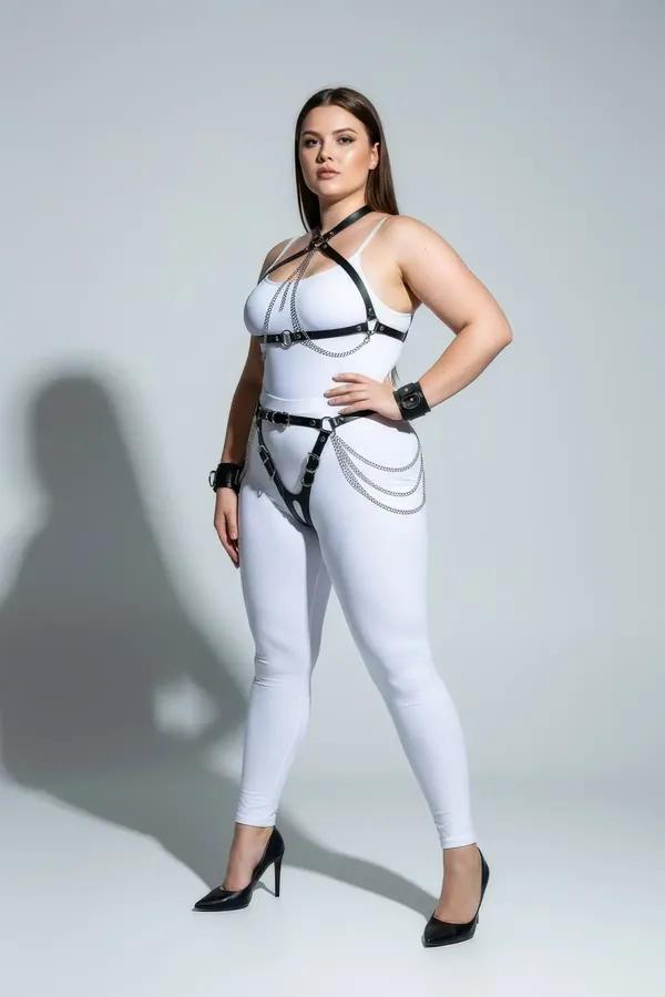 Black Faux Leather Full Body Harness with Choker & Cuffs