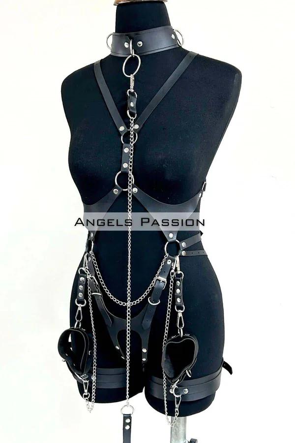 Full Body Harness with Choker, Chain & Thigh Cuffs