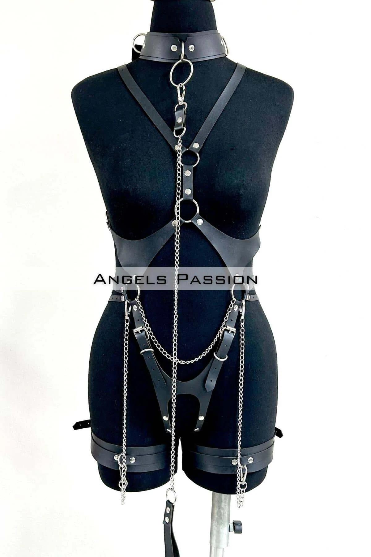 Full Body Harness with Choker, Chain & Thigh Cuffs