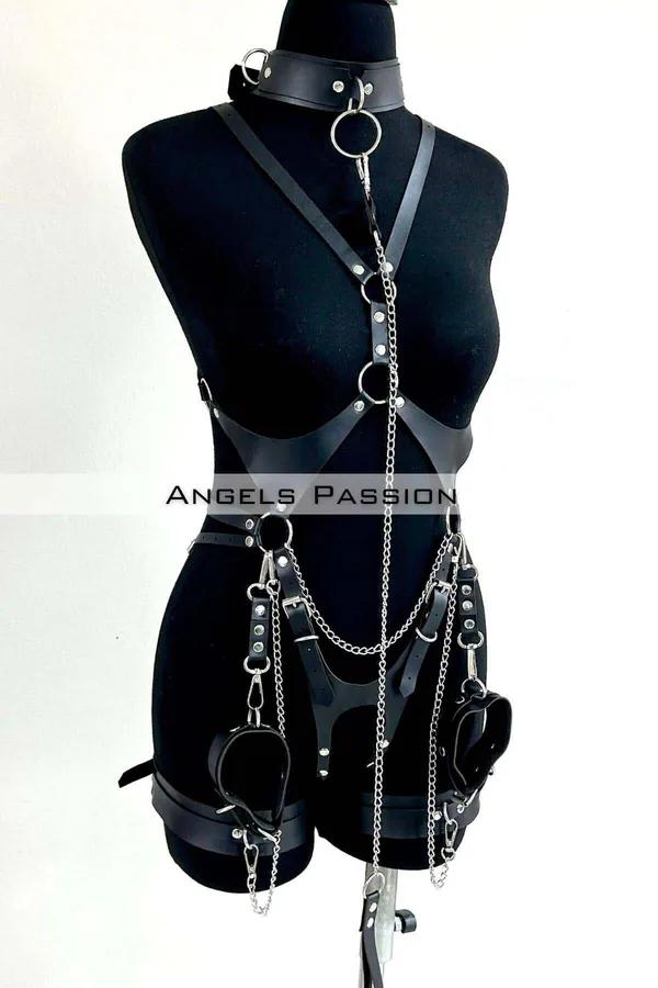 Full Body Harness with Choker, Chain & Thigh Cuffs