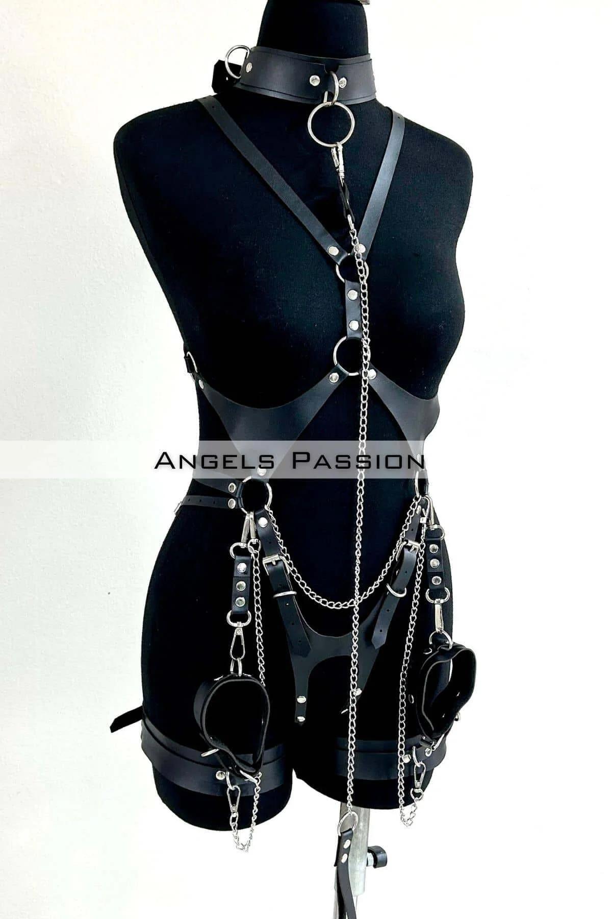 Full Body Harness with Choker, Chain & Thigh Cuffs