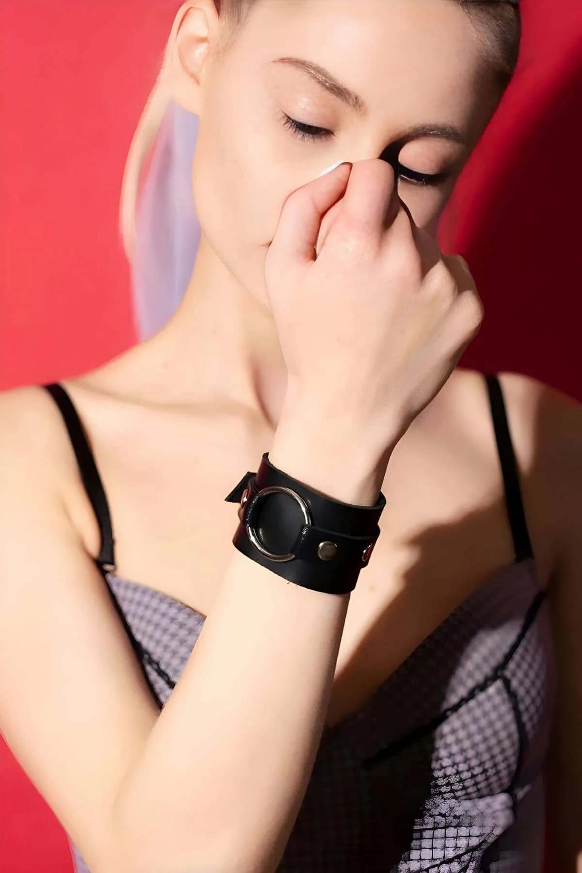 Adjustable Black Faux Leather Wrist Cuff with Metal Ring Detail