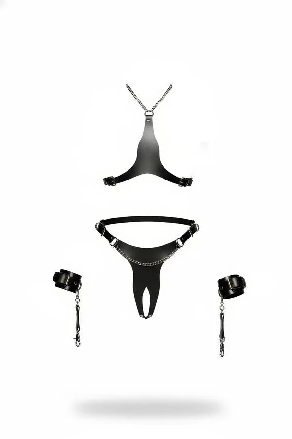 Four-Piece Faux Leather Body Harness Set with Chains