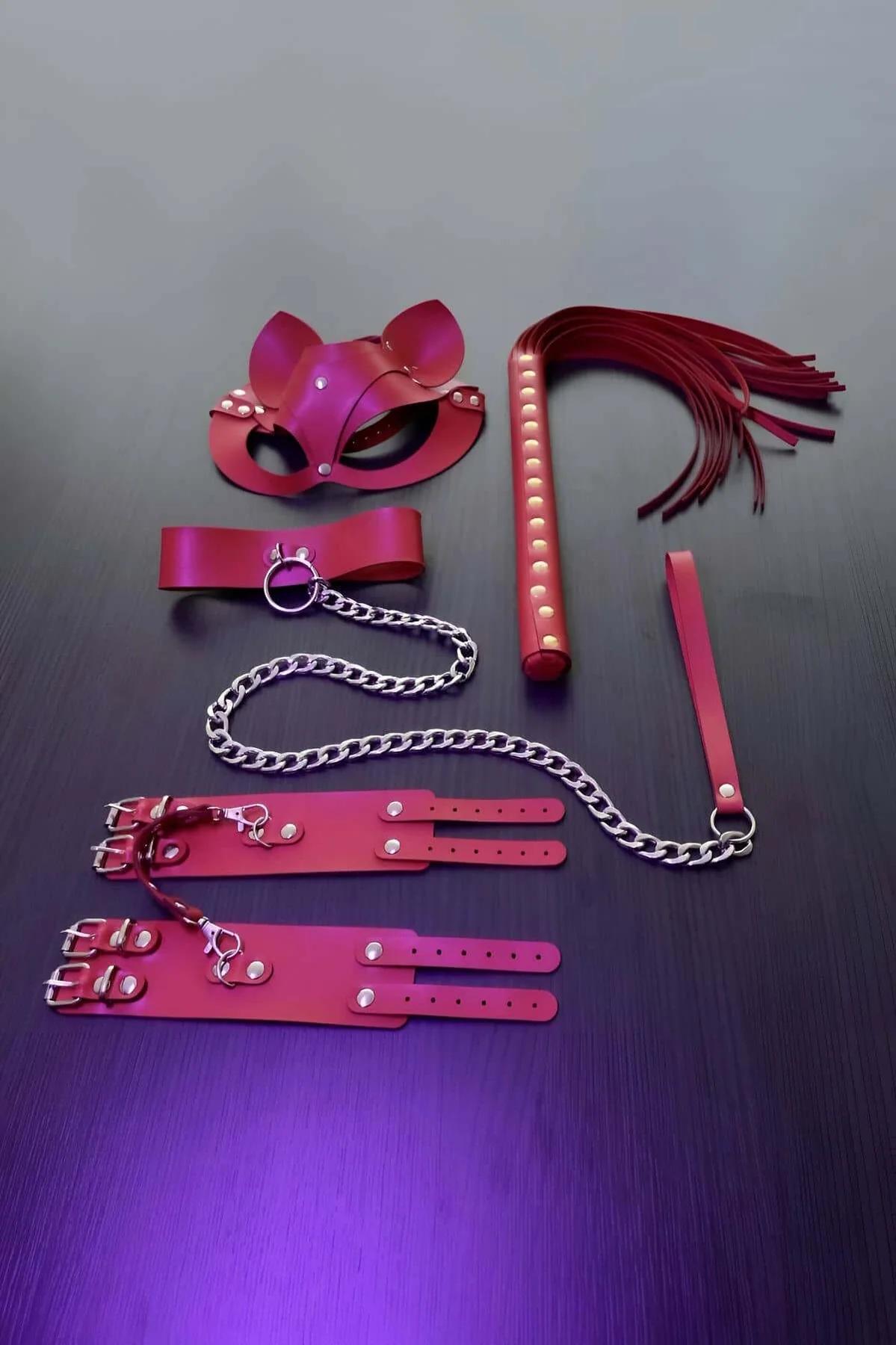 Red Faux Leather Fantasy Mask & Restraint Set