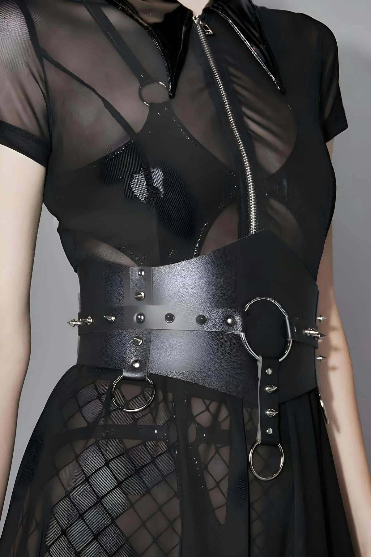 Spiked Faux Leather O-Ring Waist & Chest Harness