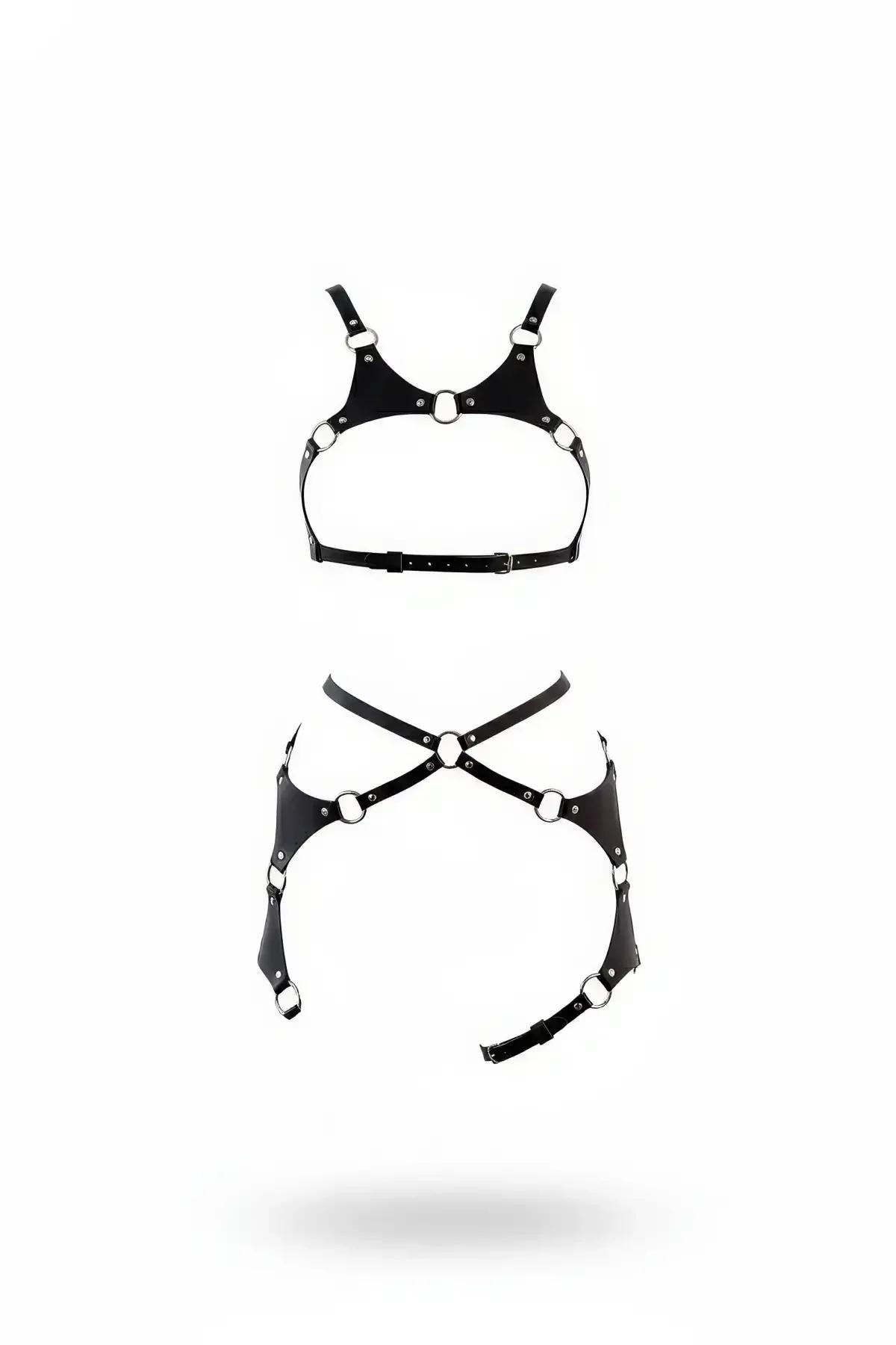 Faux Leather O-Ring Harness Set with Chest & Garter Skirt