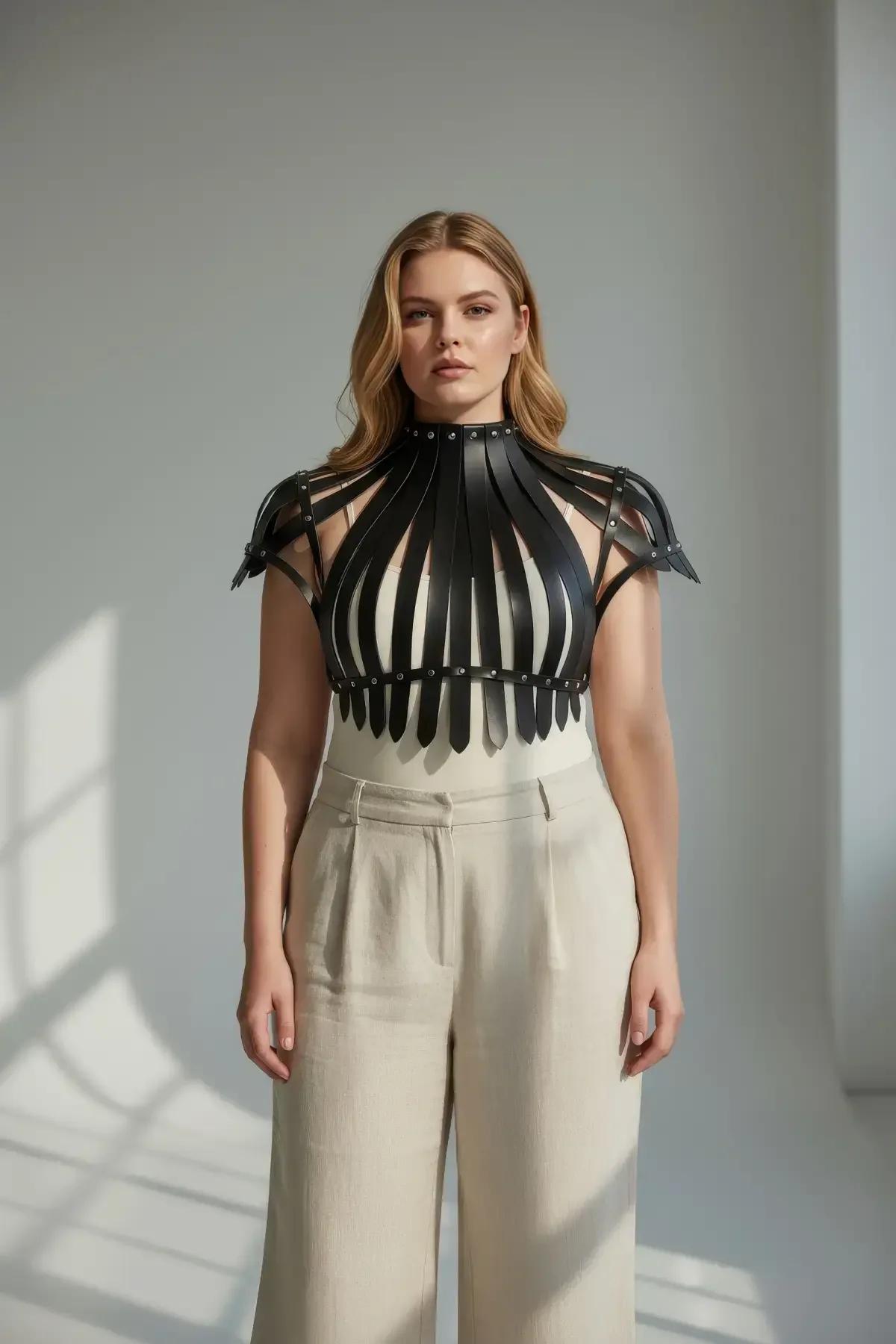 Studded Faux Leather Shoulder and Torso Cage Harness