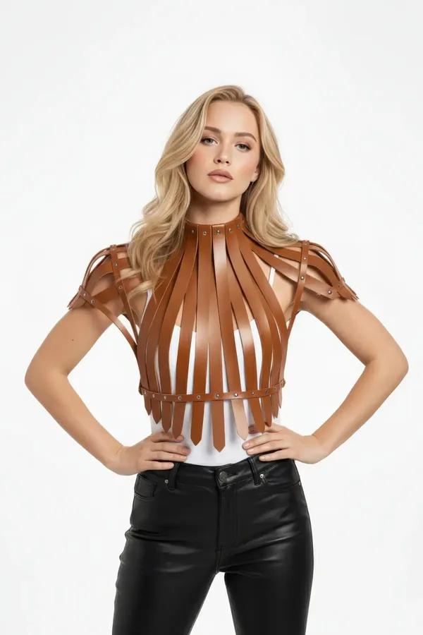 Faux Leather Cage Shoulder Harness with Stud Details